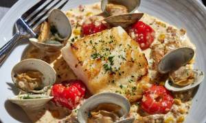 seafood dish with clams and salmon