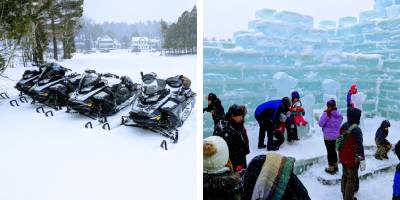 snowmobiles on the left, people in ice palace on the right