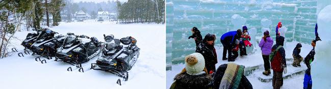 snowmobiles on the left, people in ice palace on the right