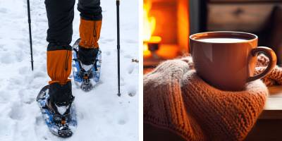 person snowshoeing on the left, coffee in front of fire in fireplace on the right