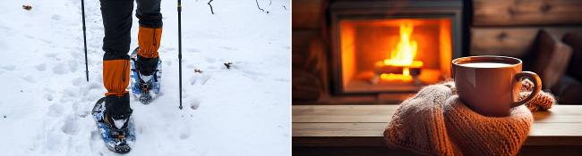 person snowshoeing on the left, coffee in front of fire in fireplace on the right