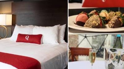 queensbury hotel guest bed, chocolate covered strawberries, igloo dining