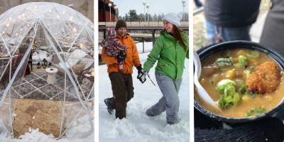 dining igloo, family plays in snow at spac, cup of chowder from chowderfest