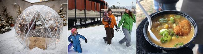 dining igloo, family plays in snow at spac, cup of chowder from chowderfest