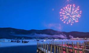 fireworks over frozen lake