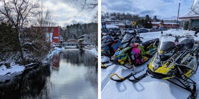 winter scenes in saranac lake, snowmobiles on the right