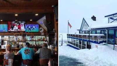 interior and exterior of lake george beach club in the winter