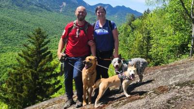 couple with three dogs on mountain summit