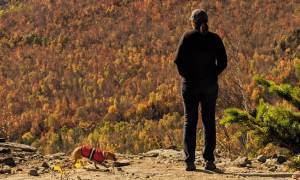 small dog and human on mountain summit in fall