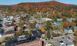 aerial view of saranac lake in the fall