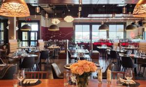 restaurant with flowers on bar