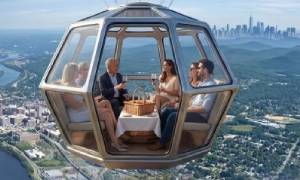 floating fancy hot air balloon with people in it