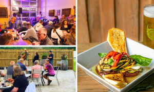 collage of Artisanal Brew Works photos of patio, food, and drinks