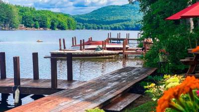 lake, docks, mountains