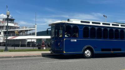 blue trolley in lake george