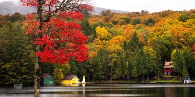 view of Old Forge Pond with some splashes of fall color on the trees